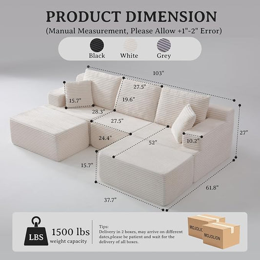 103" Modular Sectional Sofa, Comfort U Shaped Boneless Couch for Living Room, Extra Deep Seats No Assembly, Corduroy (White, 3 Seater + 2 Ottomans)