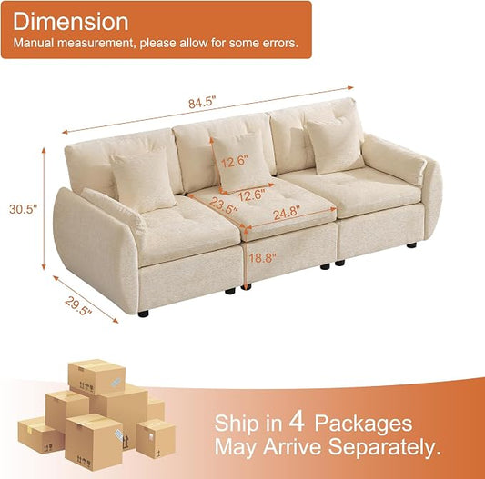 84" Modular Cloud Sofa, Deep Seat Tufted Chenille 3-Seater Sectional Couch with Curved Arms, Comfy Sofas for Living Room, Beige