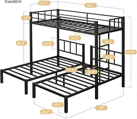 Mixcous Triple Bunk Bed Twin XL Over Twin & Twin, Heavy Duty Metal Bed Convertible to 3 Beds for Teens & Adults, Bunk Bed Frame with Adjustable Ladder, Noise-Free, Ideal for Space-Saving Needs, Black | Converts to 3 beds