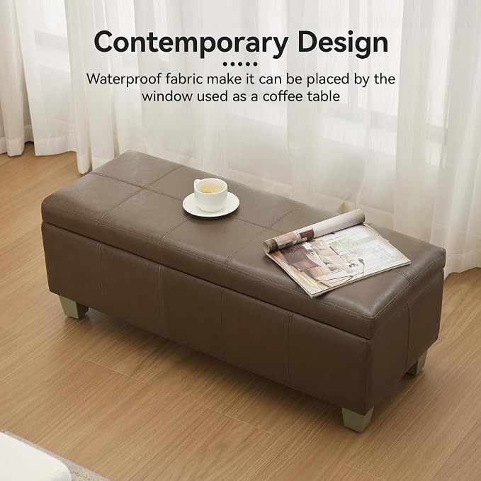 WUTUTUEE 41" Faux Leather Storage Ottoman, Stitch Tufted Rectangle Upholstered End of Bed Storage Bench, Entryway Large Couch Ottoman with Wooden Legs, Coffee