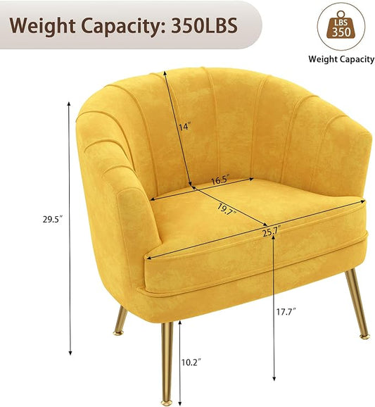 Andeworld Velvet Accent Chair, Upholstered Modern Single Sofa Side Chair,Comfy Barrel Club Living Room Armchair with Golden Metal Legs for Bedroom Living Reading Room Office, Yellow