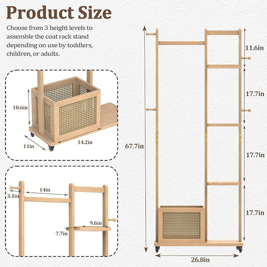 Wood Clothes Rack with Storage, 4 Shelves, 4 Hooks, Garment Rack with wheels, Coat Rack Freestanding, Clothing Rack Heavy Duty Hall Tree for Living Room Hallway,856 Natural