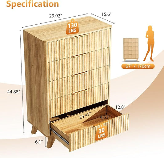 VINGLI Tall Dresser for Bedroom, Fluted Dresser Vertical Chest of Drawers, Tall Chest of Drawers Bedroom with Rounded Edges, 29.92" W*15.6" D*44.88" H