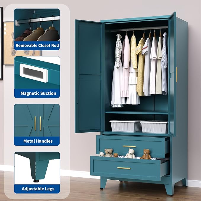 Steel Armoire Wardrobe Closet, 71" Metal Clothing Storage Cabinets with 2 Doors, 2 Drawers and 1 Adjustable Shelf, Blue Wardrobe Cabinet with Hanging Rod for Bedroom, Gym