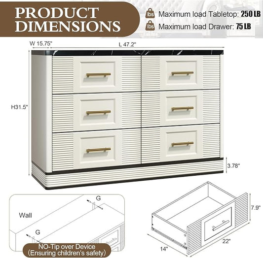 RECHHX Farmhouse 6 Drawers Dresser for Bedroom, 47.2" Wide Large Modern Marble-Effect Chest of Drawers, Wooden Thermoformed Curved Dresser Organizer for Bedroom, Living Room, White