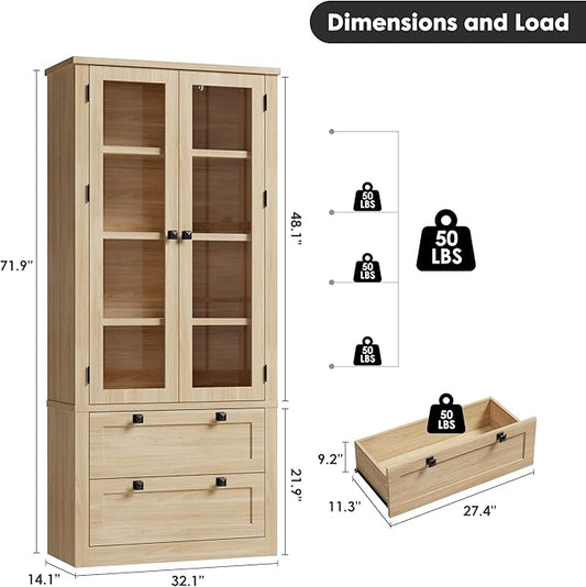 71" Tall Kitchen Pantry Cabinet - Modern Display Storage Cabinet with 2 Large Drawers, Glass Doors, and Adjustable Shelves, Farmhouse Kitchen Cupboard for Dining Room, Bathroom, Living Room, Natural