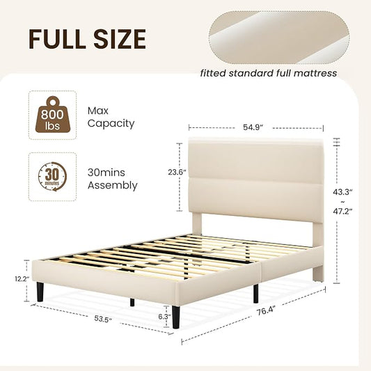 GRUSIGN Full Size Platform Bed Frame with Velvet Headboard, Adjustable Height Wooden Slats Support, Upholstered Mattress Foundation, Fits Mattress or Mattress with Box Spring, Easy Assembly, Beige