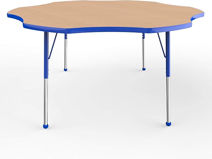 FDP Flower Activity School and Office Table (60 inch), Standard Legs with Ball Glides for Collaborative Seating Environments, Adjustable Height 19-30 inches - Maple Top and Blue Edge