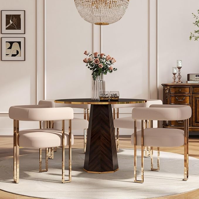 Hyfirm Velvet Dining Chairs Set of 4, Khaki Upholstered Barrel Armchairs with Gold Metal Legs for Kitchen Island, Mid Century Modern Accent Side Chairs for Dining Room and Living Room, Open-Back