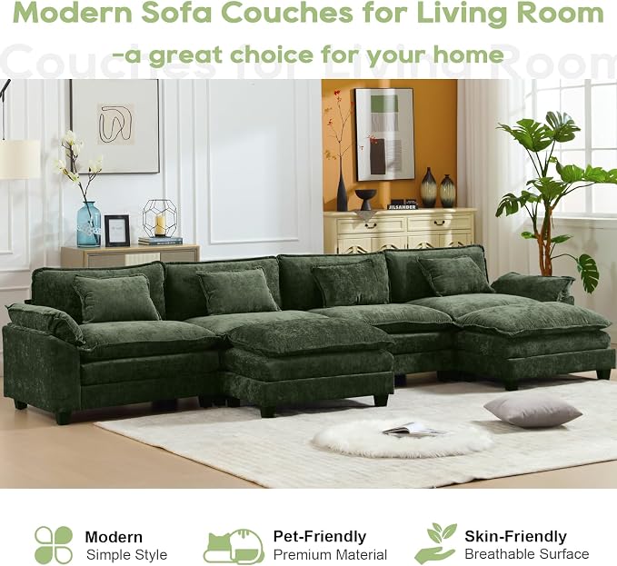 Oprisen 154" Modular Sectional Sofa, Comfy Cloud Couch Sectional Sofa with Ottoman, Chenille Sofa Sleeper Deep Seat Sofa with Throw Pillows for Living Room (Green, 154"- U Shape)