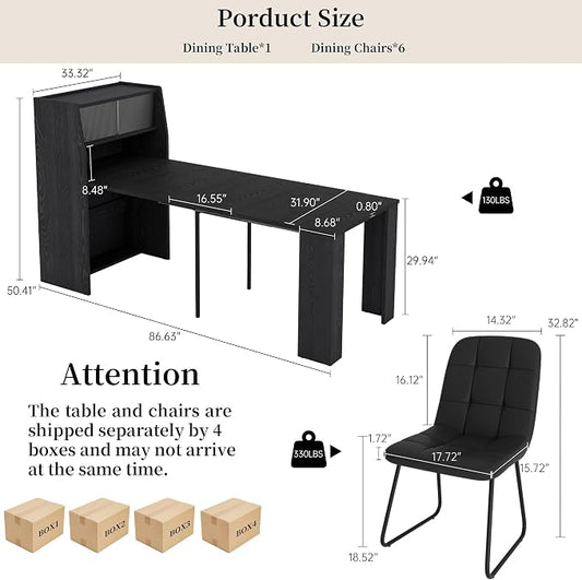 HIPIHOM Dining Table Set for 6, Extendable 86.6" with Storage | Space-saving MDF Kitchen Table with 6 Upholstered U-shaped Black Chairs, Ideal for Apartment, Living Room