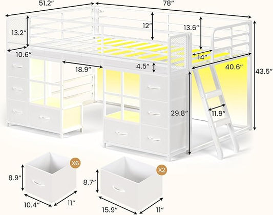 BTHFST Low Bunk Bed Twin Over Twin with 8 Fabric Drawers & Bookshelf, Twin Bunk Beds with RGB LED Lights, Windows, Metal Bunk Beds for Kids with Slanted Ladder & Safety Guardrails, Space Saving, White