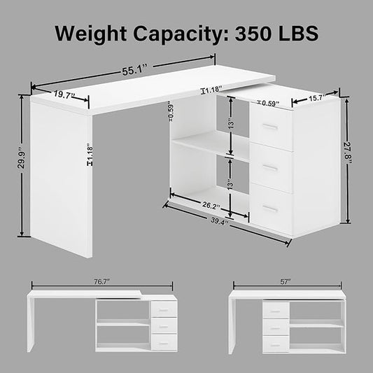 HSH L Shaped Office Desk with Drawers Shelves 55-76 Inch, Corner Computer Desk with Storage 360 Rotating Long for Work, Executive, Study, Writing, Teacher, Bedroom Modern Gaming Table White