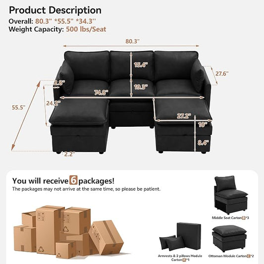 80" Black Faux Leather Storage 3 Seater Sofa with 2 Ottomans, Comfy Couch | Convertible Modular Sectional Sofa, U Shaped Oversized Couch, Upholstered Large Cloud Couch For Living Room, Apartment.