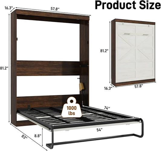 Hlivelood Full Size Murphy Bed with 2 LED Lights, Farmhouse Wood Hidden Foldable Wall Bed Frame w/Gas Struts, Storage Bed Cabinet for Bedroom, Office, Space-Saving, No Box Spring Needed, Rustic White