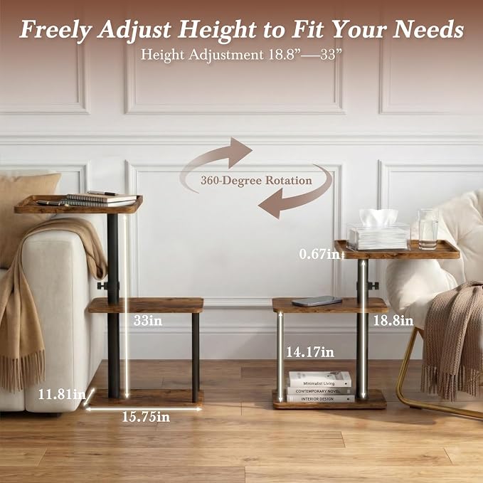 Faesun C Table End Table Adjustable Height, 360°Swivel TV Tray Table for Small Spaces, Small Nightstand for Living Room, Bedroom, Rustic
