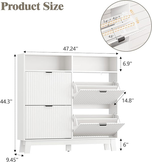 Shoe Cabinet Storage for Entryway with 4 Flip Drawers, Fluted Narrow Shoe Organizer with Wooden Legs & Top Cubby, Freestanding Slim Shoe Storage Hidden Shoe Rack for Front Door Entrance, White