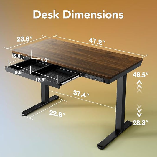 HUANUO Electric Standing Desk with Drawers, 48 X 24 Inch Electric Adjustable Height Desk, Quick Install One-Piece Tabletop with USB Charging Ports, Sit to Stand Up Desk for Home Office, Black Walnut