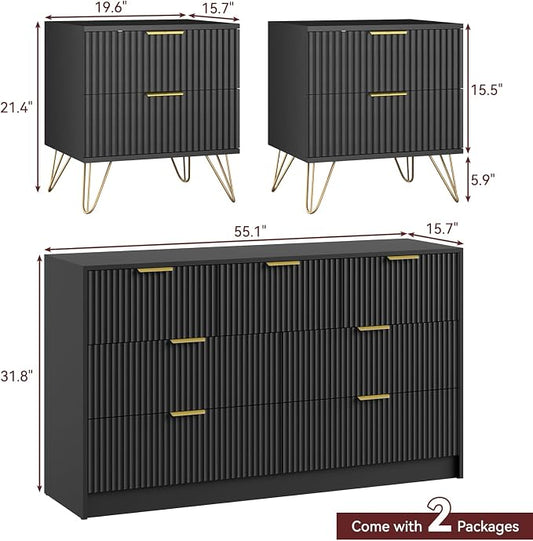 7 Drawer Dresser and Nightstand Sets for Bedroom, 3 Pcs Bedroom Set,Night Stand Set of 2 & 7 Drawer Dresser with Gold Handles, Modern Wood Chest of Drawers Storage Cabinet Set, Black