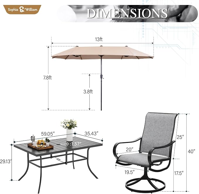 Sophia & William Patio Set with Umbrella 8 Pieces Outdoor Dining Set for 6 with 13ft Umbrella Beige, 6 x Grey Swivel Patio Chairs with 59" Dining Table for Lawn Garden (No Umbrella Base)