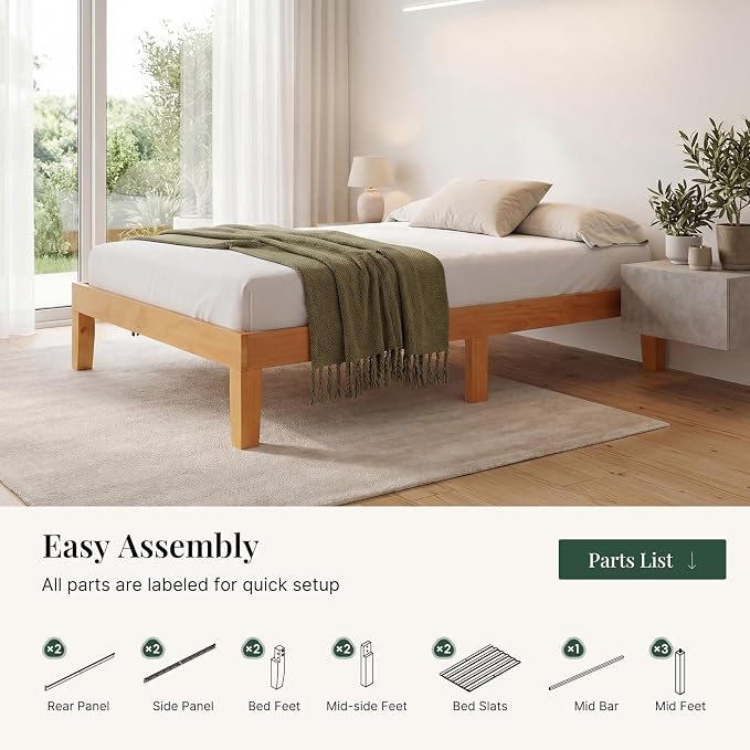 Sweetcrispy Twin Size Bed Frame 12 inch Heavy Duty Platform Bedframe, 500 lbs Capacity, Underbed Storage, No Box Spring Needed, Wooden Slats, Easy Assembly with Velcro, Honey Finish