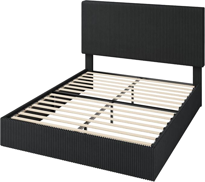 Allewie Full Bed Frame, Upholstered Platform Bed, Adjustable Vertical Channel Tufted Headboard, Corduroy Fabric, Modern Low Profile, Wooden Slats, No Box Spring Needed, Easy Assembly, Black