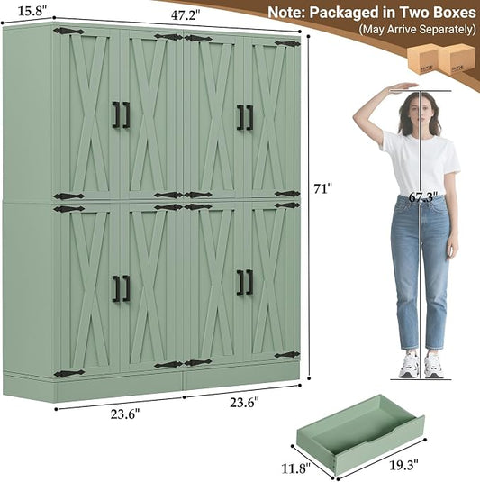Unikito 71" Pantry Cabinet with Drawer, Farmhouse Barn Doors and Adjustable Shelves, Freestanding Storage Cabinet for Kitchen, Dining Room, Living Room, Utility Room