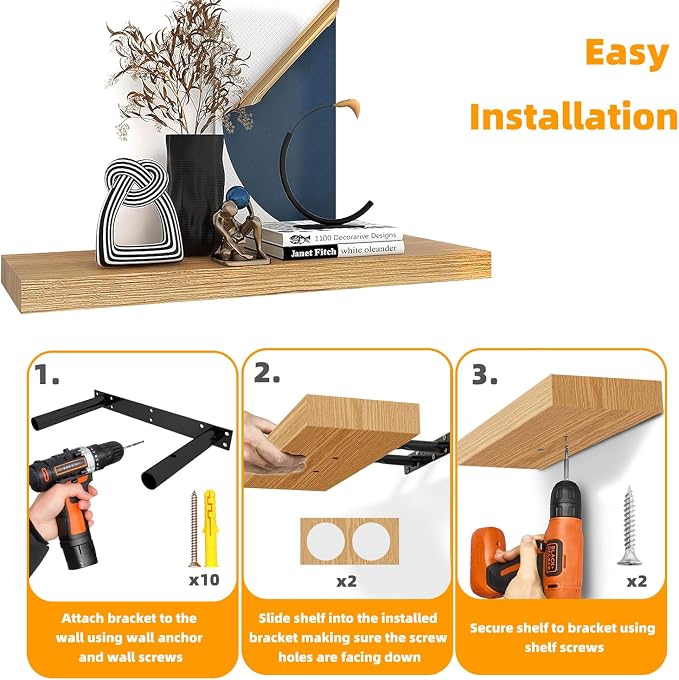 Oak Floating Shelves for Wall,24in Wall Mounted Display Ledge Shelves Perfect for Bedroom, Bathroom, Living Room and Kitchen Decoration Storage (Oak, Set of 2)