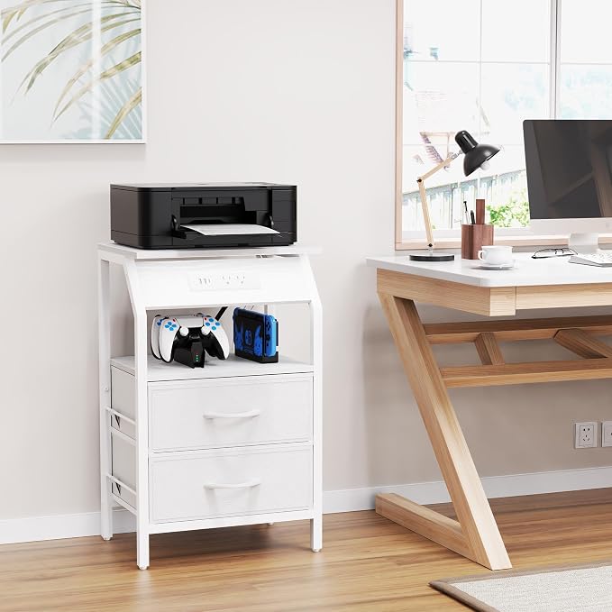 SZLHANJZ LED End Table, Nightstand with 2 Drawers and Charging Station Type C Port, Storage Fabric Night Stand for Bedside, Small Side Table for Living Room Dorm, White
