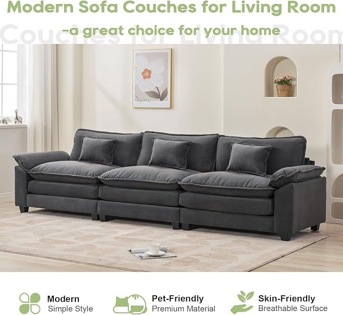 Oprisen 120" Modular Sectional Sofa, Comfy Cloud Couch Sectional Sofa, Velvet Sofa Sleeper Deep Seat Sofa with Throw Pillows for Living Room (Blue Gray, 120"- 3 Seater)