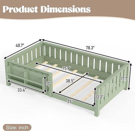 Bellemave Twin Floor Bed with Rails and Slats, Twin Size Montessori Floor Bed with Bookshelf and Fence, Easy Assemble Montessori Beds Frame for Girls, Boys, Avocado Green