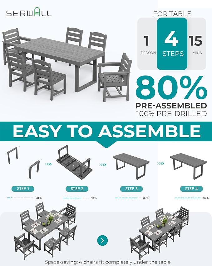 SERWALL HDPE Outdoor Dining Set for 6, 67'' Patio Table and Chairs Set | with Armless Seat
