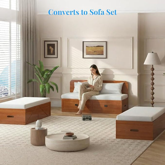 PUREMIND Murphy Bed Full with Mattress Included, Wood Cabinet Bed with Dual Storage Drawers & 2 Pillows, 3-in-1 Convertible Sofa Beds for Small Space, Guest Room, Cherry