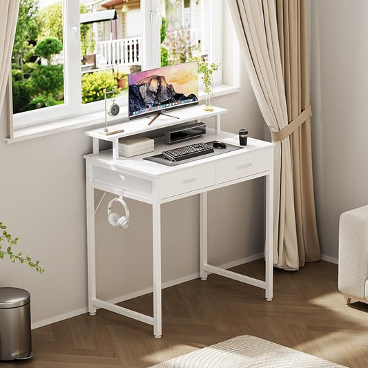 DUMOS 31 Inch Computer Desk with Monitor Stand and 2 Drawers, Small Writing Desk for Home Office with Headphone Hook, Compact Study Table for Bedroom, White