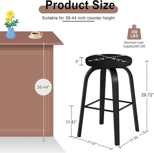 Bar Stools Set of 2, Counter Height Backless Bar Stools, 30" Swivel Barstools Kitchen Chair with Upholstered Fabric Seat, All Black