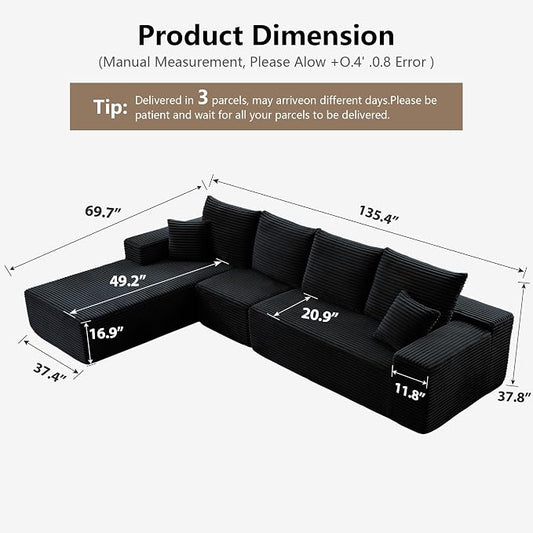 135” Cloud Sectional Couch, Boneless Sofa for Living Room, Modular Sectional Sofa with Deep Seat, Fluffy Couch with L-Shaped Chaise, No Assembly Required Black