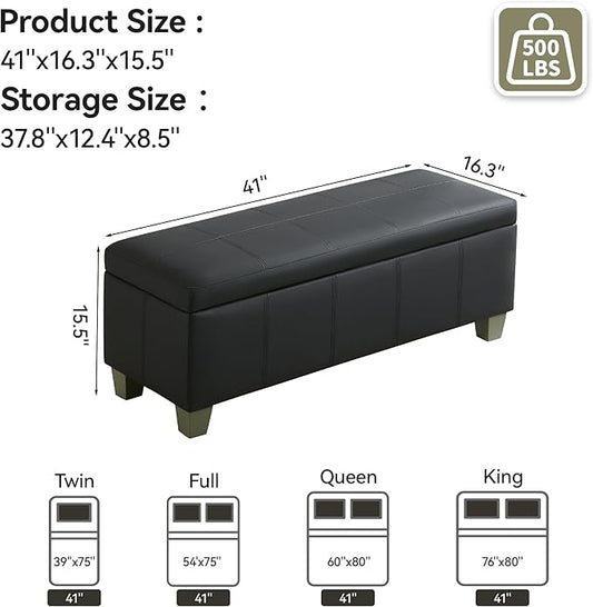 WUTUTUEE 41" Faux Leather Storage Ottoman, Stitch Tufted Rectangle Upholstered End of Bed Storage Bench, Entryway Large Couch Ottoman with Wooden Legs, Dark Black