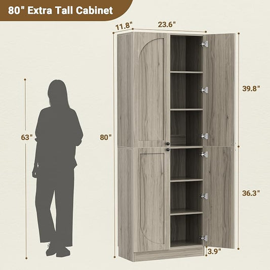 Cyclysio 80" Kitchen Pantry, Extra Tall Arch Storage Cabinet with 8 Soft Close Doors and Adjustable Shelves, Freestanding Wood Cupboard with Seamless Fit Wall for Dining Living Room Bathroom Furniture