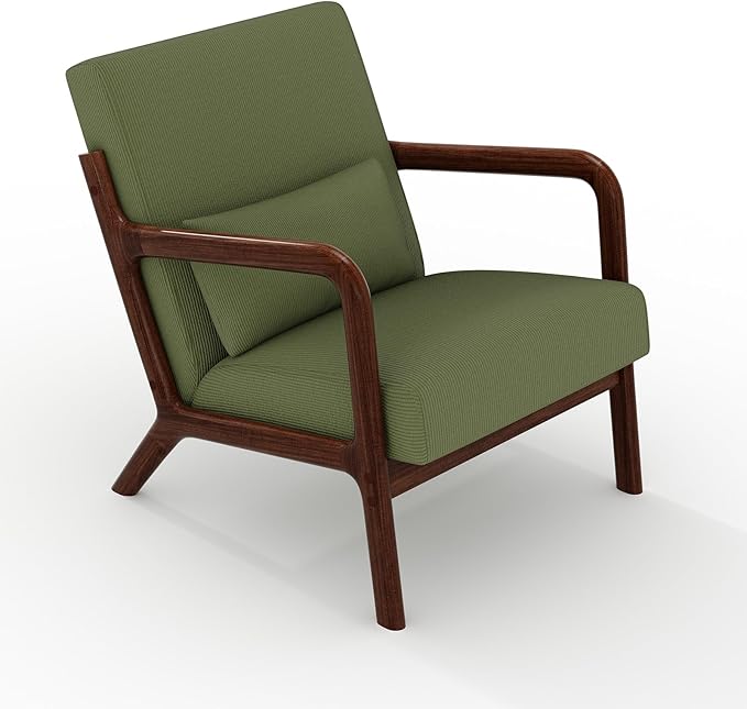 Garvee Mid-Century Modern Accent Chair, Fine Wale Corduroy Upholstery, Solid Wood Armchair with Removable Lumbar Pillow, Sturdy Reading Chair for Living Room, Bedroom, Guest Room, Easy Assembly, Green
