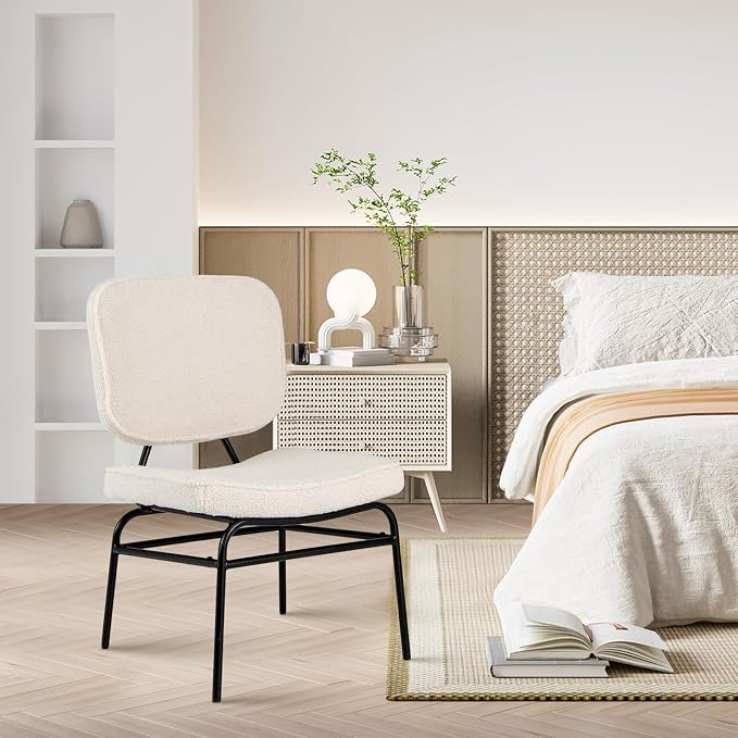 Giantex Modern Armless Accent Chair - Sherpa Reading Chair with Sponge Padding, Adjustable Foot Pads & Metal Frame, Upholstered Side Chair for Living Room, Bedroom & Reading Room, Beige