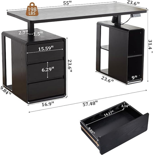 Electric Standing Desk with Drawers, 55" Office Desk Height Adjustable Executive Desk with Storage Shelves, Simple Setup Wood Desk Home Office Stand up Desk for Work, Study, Writing, Black
