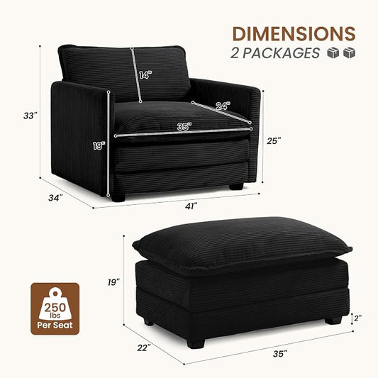 ROWHY Single Armchair with Ottoman, Modern Corduroy Cloud Couch with Convertible Chaise, Upholstered Sofa Set for Living Room, Black