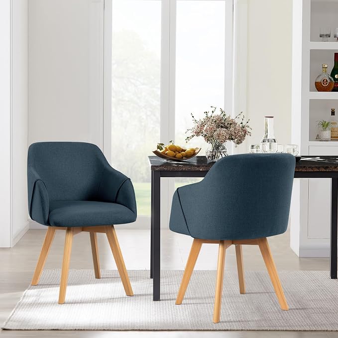 Swivel Dining Chairs Set of 2, Mid Century Modern Dining Chairs with Arms and Wood Legs, Linen Fabric Upholstered Kitchen Chairs for Dining Room Living Room, Comfortable Widen Seat, Blue