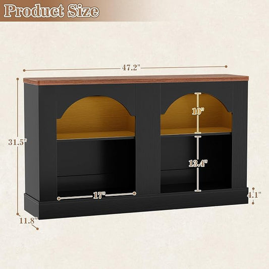 Unikito Arched Entryway Table with LED Lights, 47" Farmhouse Console Table with Adjustable Shelves, Sofa Table Behind Couch, Sideboard Buffet Storage Cabinet for Entrance/Hallway/Living Room