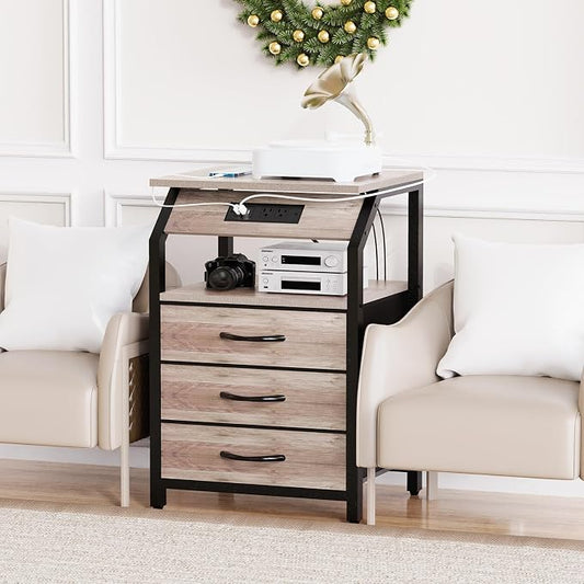 SZLHANJZ Night Stand Set of 2, Nightstands with Charger Station and LED Lights, End Tables Set with 3 Fabric Drawers, Storage Side Tables for Bedside, Living Room, Greige