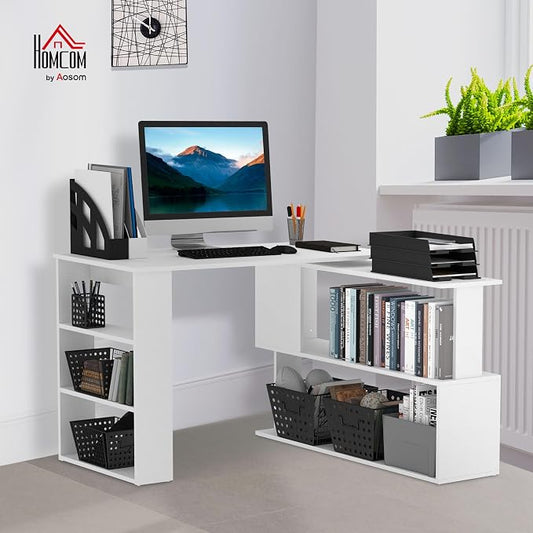 HOMCOM 47 Inch L Shaped Desk, Corner Computer Desk, 360 Degree Rotating Home Office Desk with Storage Shelves, Writing Table Workstation, White