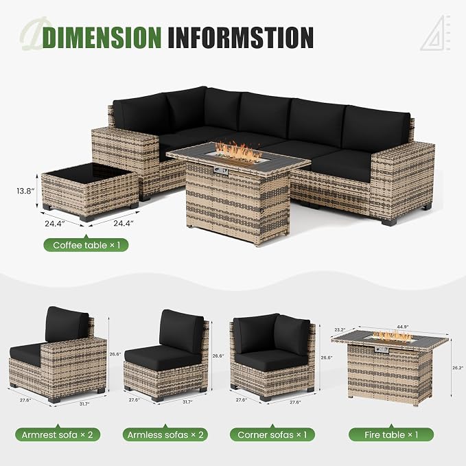 UDPATIO Patio Furniture Set with Fire Pit Table, 8 Inch Armrest Outdoor Sectional Sofas, 8 Piece All-Weather Wicker Conversation for Garden, Backyard