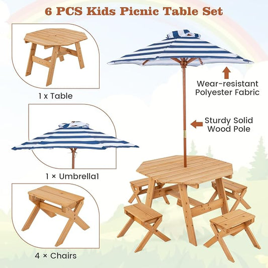 Costzon Kids Picnic Table, Fir Wood Octagon Kids Table and Chair Set with Removable Umbrella, Toddler Activity Table for Backyard, Garden, Patio, Kids Outdoor Furniture for Boys Girls (Natural)