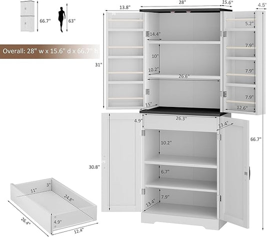 Shintenchi Kitchen Pantry Cabinet, Freestanding Farmhouse Storage Cabinet with 8 Door Shelves, 2 Cabinets and 1 Drawer, Tall Cupboard for Kitchen, Living Room, Dining Room and Bathroom, White