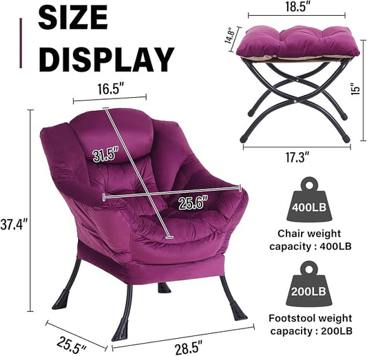 Lazy Chair with Ottoman, Modern Accent Chair Lounge Leisure Sofa Chair with Armrests, Reading Chair and Folding Footstool for Living Room, Bedroom, Office, Plush Pink